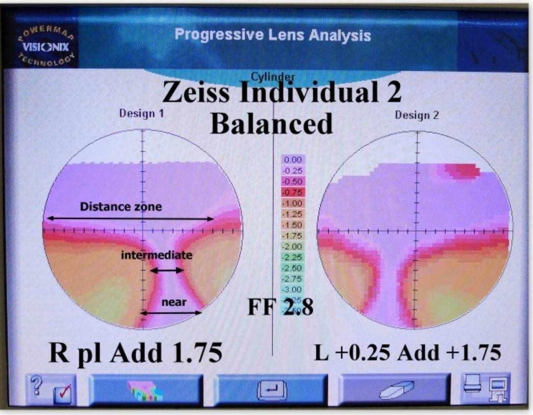 Contour map ของ Zeiss Individual 2 Add 1.75 — โซน Distance กว้างแต่โซนใกล้แคบกว่า