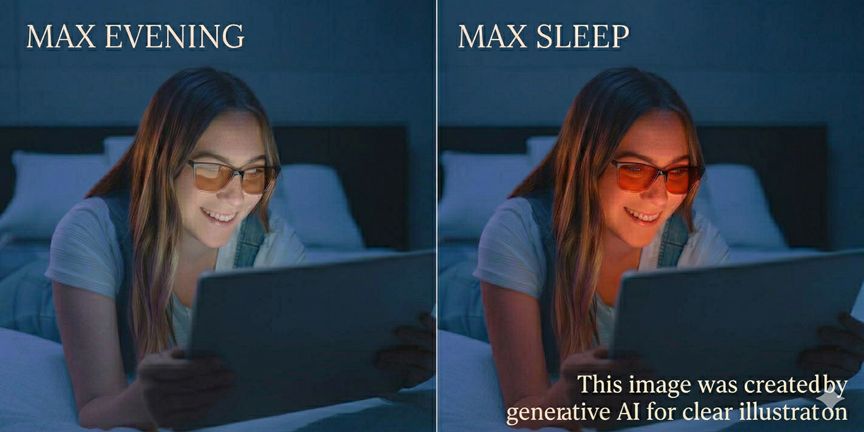 เปรียบเทียบเลนส์ Max Evening (สีอำพัน) และ Max Sleep (สีส้มเข้ม) โดย Optical X