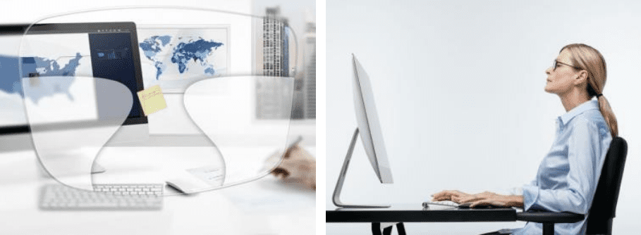 Diagram of a progressive lens over a multi-monitor desk next to a woman tilting her head up to see her screen clearly