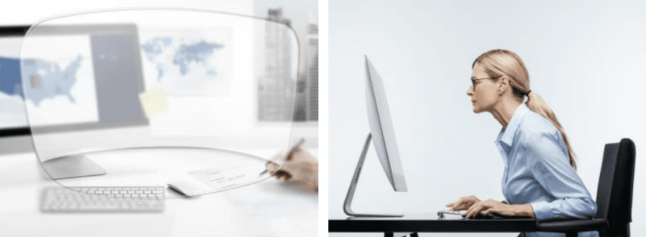 Diagram of a reading lens over a multi-monitor desk next to a woman tilting her head up to see her screen clearly